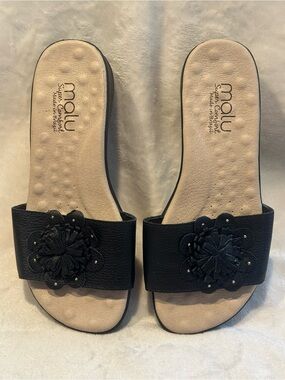 Malu Women's Black Leather Slide Sandals Comfort Made in Brazil Size 7 Beach